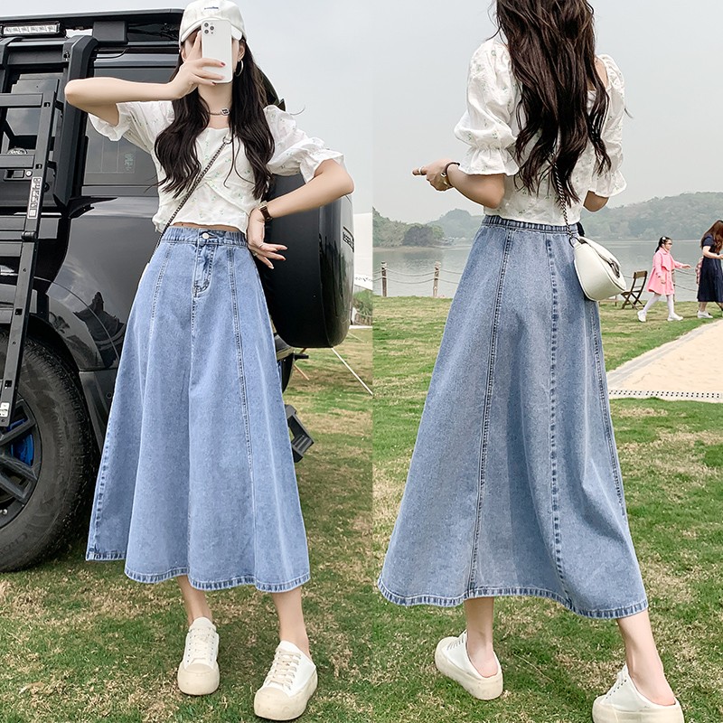 Denim Skirt Midi Vintage - Yüksek Bel A-Line Midi Etek kadın