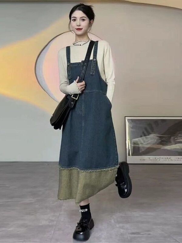 Denim Skirt Midi Vintage - Vintage Denim Halter Elbise Kadın Midi