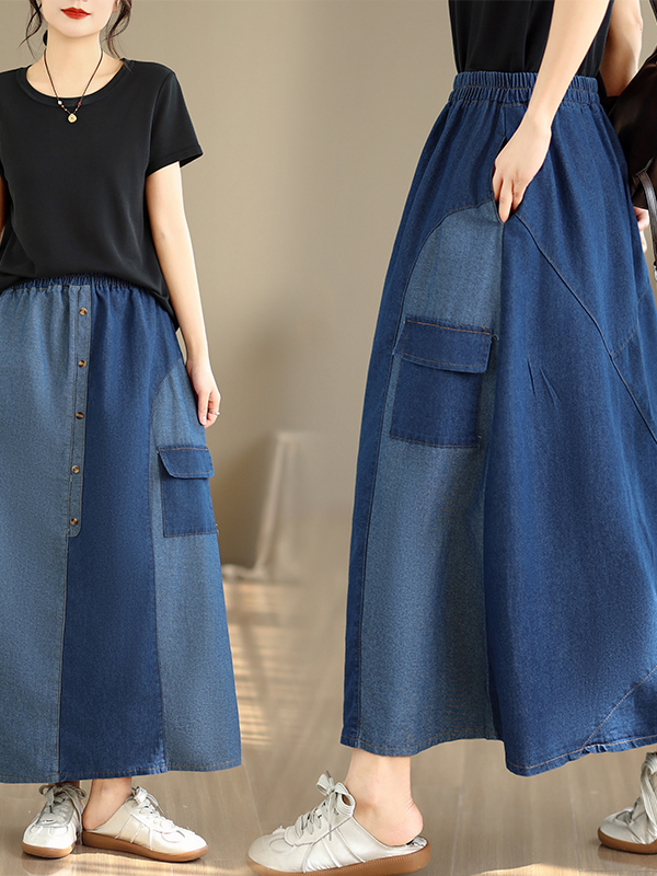 Denim Skirt Midi Vintage - Gevşek Günlük Kot Etek Kadın Büyük