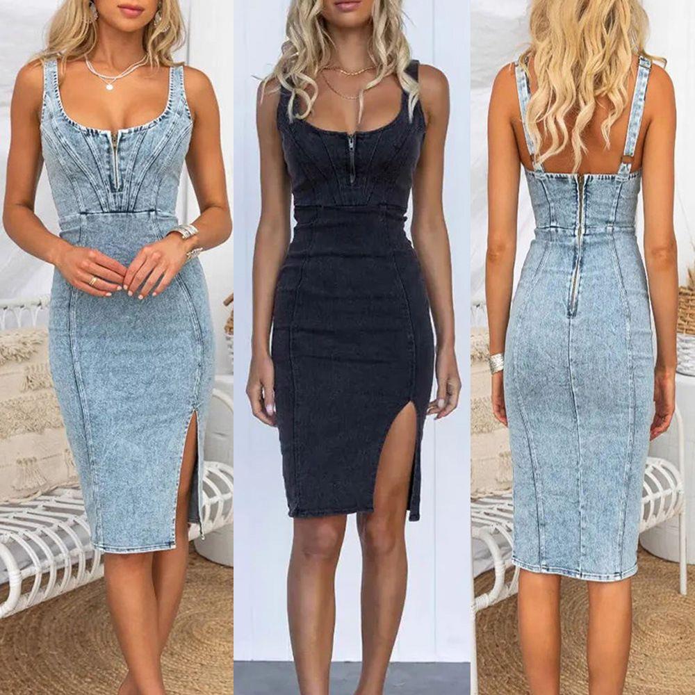Denim Skirt Midi Vintage - 2023 Vintage U Yaka Straplez Kısa