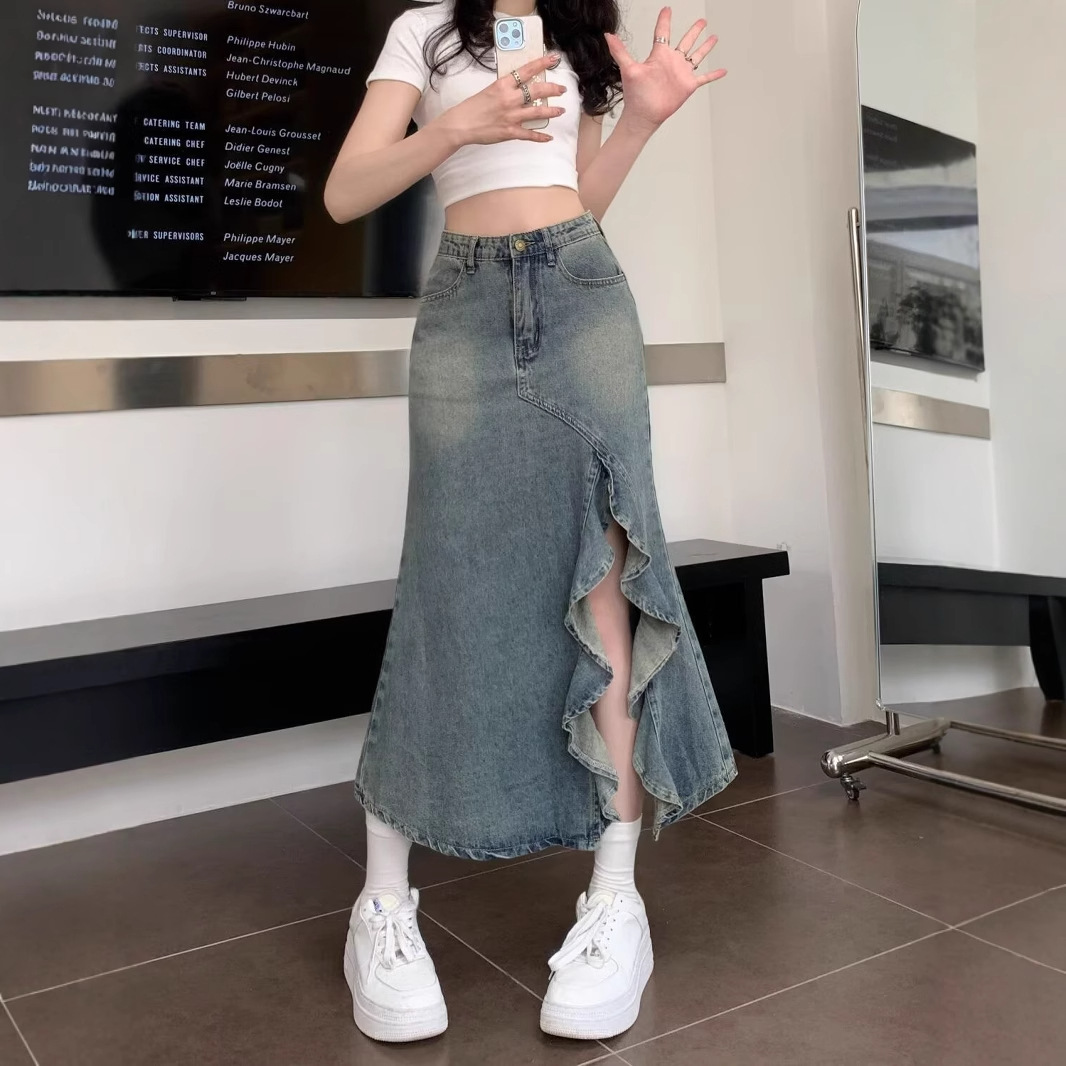 Denim Skirt Midi Vintage - Kore Yüksek Bel Vintage Mavi Kot