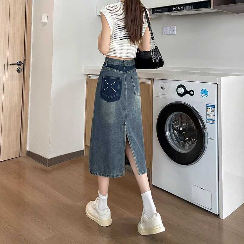 Denim Skirt Midi Vintage - İlkbahar Yaz Yeni Retro Renk Bloklu
