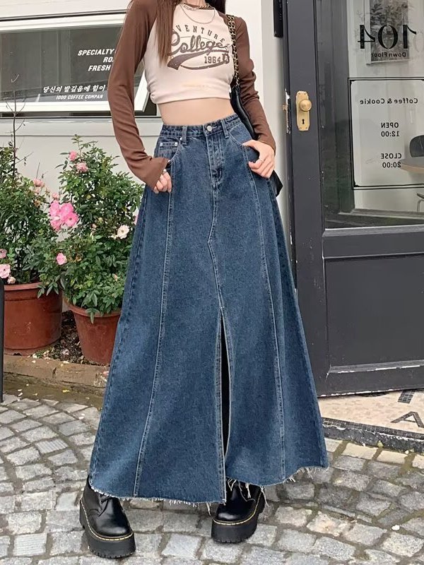 Denim Skirt Midi Vintage - Yüksek Bel Yırtmaçlı Kot Etek Kadın