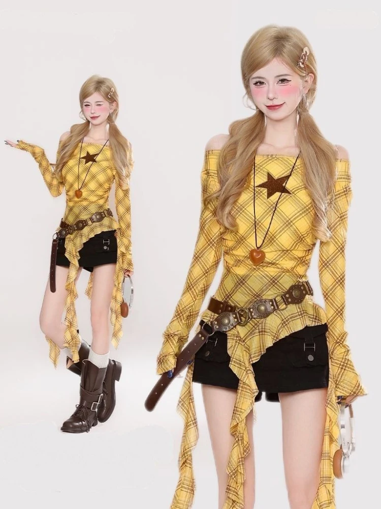 Y2K Ekose Slash Yaka Vintage K - Vintage Women Fashion incelemesi ve fiyatı