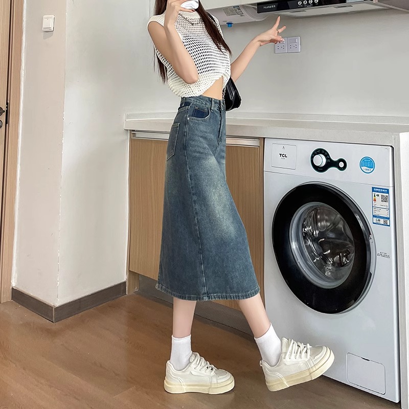 İlkbahar Yaz Yeni Retro Renk B - Denim Skirt Midi Vintage incelemesi ve fiyatı